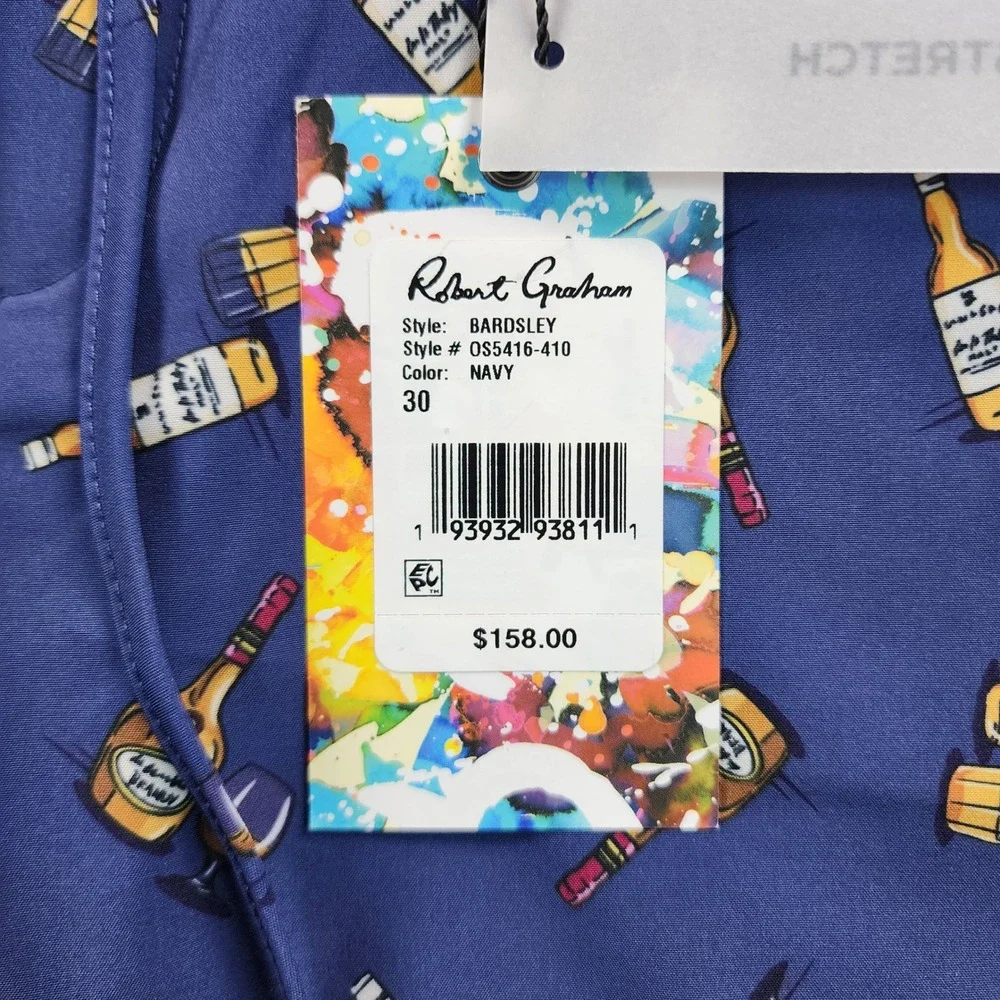 Robert Graham Bardsley Shorts Mens NWT Size 30 Navy Liquor Wine Bottle Graphic